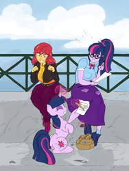 Size: 3600x4800 | Tagged: safe, artist:ponny, imported from derpibooru, sci-twi, sunset shimmer, twilight sparkle, human, pony, unicorn, equestria girls, bag, clothes, colored, female, hoof hands, horn, jacket, magic, mare, pants, paper, quill, saddle bag, shirt, shoes, skirt, smiling, talking, telekinesis