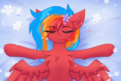 Size: 3000x2000 | Tagged: safe, artist:gaffy, imported from derpibooru, oc, oc only, oc:gaffy, pegasus, pony, bed, chest fluff, ear fluff, eyes closed, lying down, on back, pegasus oc, spread legs, spreading, vent art, wings