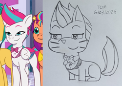 Size: 1956x1377 | Tagged: safe, artist:tom artista, edit, imported from derpibooru, screencap, zipp storm, cat, pegasus, pony, animal, animal in mlp form, baby critters, catified, clothes, drawing, expressions, facial expressions, female, g5, my little pony: tell your tale, reference, smug, solo, species swap, style, traditional art