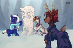 Size: 2910x1917 | Tagged: safe, artist:devi, artist:devi_shade, imported from derpibooru, oc, oc only, deer, earth pony, pegasus, reindeer, clothes, coat, female, glasses, goggles, goggles on head, male, mare, outdoors, scarf, snow, snowman, stallion, sweater, trio