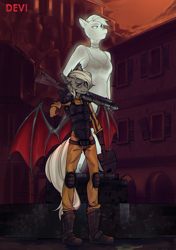 Size: 2079x2953 | Tagged: safe, artist:devi, artist:devi_shade, imported from derpibooru, oc, oc only, anthro, bat pony, fallout equestria, body armor, commission, craft, female, gun, male, outdoors, rifle, sculpture, solo, spread wings, weapon, wings