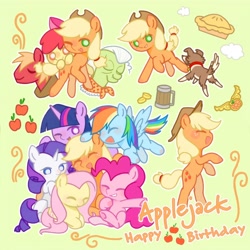 Size: 2244x2244 | Tagged: safe, artist:trifoliumrepensl, imported from derpibooru, apple bloom, applejack, big macintosh, fluttershy, granny smith, pinkie pie, rainbow dash, rarity, twilight sparkle, winona, dog, earth pony, pegasus, pony, unicorn, :d, apple, apple siblings, apple sisters, bits, bow, brother and sister, cider, collar, element of honesty, eyes closed, female, filly, foal, food, green background, group hug, hair bow, happy birthday, hat, horn, hug, male, mane six, mare, mug, open mouth, open smile, pie, siblings, simple background, sisters, sitting, smiling, stallion, text, yoke