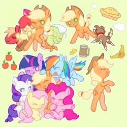 Size: 2166x2166 | Tagged: safe, alternate version, artist:trifoliumrepensl, imported from derpibooru, apple bloom, applejack, big macintosh, fluttershy, granny smith, pinkie pie, rainbow dash, rarity, twilight sparkle, winona, dog, earth pony, pegasus, pony, unicorn, :d, apple, apple siblings, apple sisters, bits, bow, brother and sister, cider, collar, element of honesty, eyes closed, female, filly, foal, food, green background, group hug, hair bow, hat, horn, hug, male, mane six, mare, mug, open mouth, open smile, pie, siblings, simple background, sisters, sitting, smiling, stallion, yoke