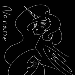 Size: 1000x1000 | Tagged: safe, artist:weasel_mink, imported from derpibooru, oc, oc only, oc:nonamealicorn, alicorn, big mare, black background, freckles, horn, joke, long horn, long mane, monochrome, raised hoof, serious, simple background, sketch, starry sky, wat