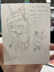 Size: 1536x2048 | Tagged: safe, artist:andy price, imported from derpibooru, princess celestia, princess luna, alicorn, pony, duo, duo female, female, mare, question mark, royal sisters, siblings, sisters, speech bubble, traditional art