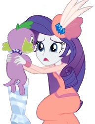 Size: 576x750 | Tagged: safe, edit, edited screencap, editor:creativityagent99, imported from derpibooru, screencap, rarity, spike, spike the regular dog, dog, human, equestria girls, equestria girls series, rarity investigates: the case of the bedazzled boot, background removed, bedazzled boot, clothes, collar, confused, cufflinks, diamond, dog collar, dress, duo, duo male and female, feather, female, hat, holding a dog, holding a spike, kneeling, long dress, long skirt, long sleeves, male, my little pony equestria girls: choose your own ending, open mouth, pillbox hat, rarity investigates: the case of the bedazzled boot: trixie, simple background, skirt, spiked collar, white background