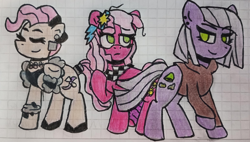 Size: 2080x1178 | Tagged: safe, artist:rosa ushiromiya, imported from derpibooru, cheerilee, limestone pie, mayor mare, earth pony, pony, 80s, 80s cheerilee, 80s mayor mare, ear piercing, earring, female, graph paper, jewelry, mare, piercing, shipping fuel, traditional art, trio, trio female