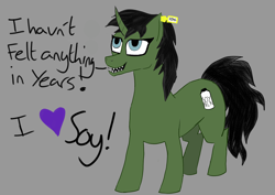 Size: 3508x2480 | Tagged: safe, artist:700kgbenchpress, imported from derpibooru, oc, oc only, oc:soyim, pony, unicorn, gray background, horn, simple background, solo, speech bubble, text