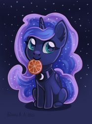 Size: 1123x1500 | Tagged: safe, artist:dany-the-hell-fox, imported from derpibooru, part of a set, princess luna, alicorn, pony, cute, food, grapefruit, lunabetes, mouth hold, nom, sitting, smiling, solo