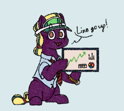 Size: 545x488 | Tagged: safe, artist:nukepony360, imported from derpibooru, oc, oc only, oc:product push, earth pony, pony, blonde, clothes, collared shirt, female, graph, hair bun, hair tie, line go up, mare, necktie, poggers, shirt, simple background, stocks, visor cap, watch