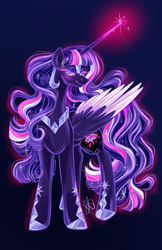 Size: 2912x4500 | Tagged: safe, artist:ashley-the-muffin, imported from derpibooru, twilight sparkle, alicorn, pony, absurd resolution, armor, blue background, blue eyes, colored pupils, commission, concave belly, digital art, ethereal mane, evil, eyelashes, female, flowing mane, flowing tail, folded wings, gameloft, gameloft interpretation, glowing, glowing horn, helmet, hoof shoes, horn, jewelry, lidded eyes, long horn, looking at you, magic, mare, nightmare twilight, nightmarified, peytral, princess shoes, regalia, signature, simple background, smiling, smiling at you, smirk, solo, sparkles, starry mane, starry tail, tail, thin, twilight sparkle (alicorn), wings