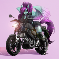 Size: 2100x2100 | Tagged: safe, artist:serodart, imported from derpibooru, oc, oc only, oc:#c0ffee, anthro, pegasus, boots, clothes, commission, cutie mark, female, full body, jacket, leather, leather jacket, makeup, motorcycle, pink background, ponytail, rule 63, shoes, shorts, simple background, solo, wings