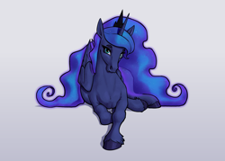 Size: 2800x2000 | Tagged: safe, artist:aquaticvibes, imported from derpibooru, princess luna, alicorn, pony, female, folded wings, gray background, hoers, looking at you, lying down, mare, simple background, smiling, smiling at you, solo, wings