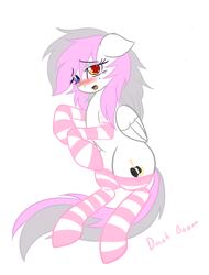 Size: 1280x1684 | Tagged: safe, artist:dashboom, imported from derpibooru, oc, pegasus, blushing, clothes, female, female oc, oc name needed, pegasus oc, signature, socks, solo, wings