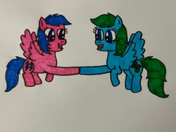 Size: 4032x3024 | Tagged: safe, artist:janeanderson26, imported from derpibooru, firefly, medley, pegasus, pony, best friends, cute, duo, female, flyabetes, flying, friends, g1, g1 to g4, generation leap, high five, hoofbump, mare, medleybetes, open mouth, open smile, simple background, smiling, spread wings, traditional art, underhoof, white background, wings