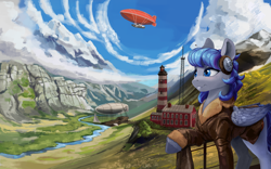 Size: 3600x2250 | Tagged: safe, alternate version, artist:kelkessel, imported from derpibooru, oc, oc only, oc:starlit beacon, pegasus, pony, airship, bomber jacket, clothes, cloud, female, folded wings, jacket, lighthouse, mare, mountain, mountain range, outdoors, pegasus oc, radio, railing, river, smiling, snow, solo, water, wings