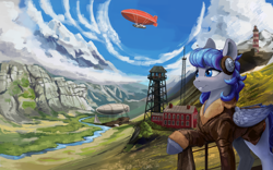 Size: 3600x2250 | Tagged: safe, alternate version, artist:kelkessel, imported from derpibooru, oc, oc only, oc:starlit beacon, pegasus, pony, airship, bomber jacket, clothes, cloud, female, folded wings, jacket, lighthouse, mare, mountain, mountain range, outdoors, pegasus oc, radio, railing, river, smiling, snow, solo, water, wings