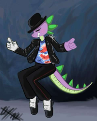 Size: 480x600 | Tagged: safe, artist:hollaholla69, imported from derpibooru, raven, spike, anthro, dragon, adult, adult spike, clothes, denim, g4, glitter, gloves, hat, jacket, jeans, male, michael jackson, older, older spike, pants, shoes, solo, sparkles, spikeal jackson, wingless spike