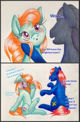 Size: 1125x1710 | Tagged: safe, artist:mintytreble, imported from derpibooru, bright eyes, lancer, earth pony, pony, my little pony tales, 2 panel comic, comic, duo, g1, g1 to g4, generation leap, shipping, simple background, sitting, traditional art, white background