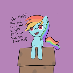 Size: 2000x2000 | Tagged: safe, artist:just_a_nerd, imported from derpibooru, rainbow dash, pegasus, pony, box, colored, female, my little pony, pony in a box, talking