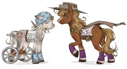 Size: 1483x810 | Tagged: safe, artist:zwm8604, imported from derpibooru, earth pony, pony, anime, butt, cape, clothes, cutie mark, golden ratio, gyro zeppeli, handicapped, hat, johnny joestar, jojo's bizarre adventure, male, plot, ponified, stallion, steel ball run, wheelchair