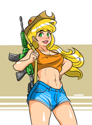 Size: 2641x3575 | Tagged: safe, artist:carpdime, imported from derpibooru, applejack, human, assault rifle, belly, belly button, breasts, busty applejack, clothes, daisy dukes, denim, denim shorts, erect nipples, gun, hat, humanized, midriff, nipple outline, open mouth, open smile, rifle, short shirt, shorts, smiling, solo, weapon