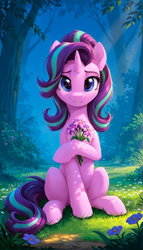 Size: 944x1656 | Tagged: safe, imported from twibooru, starlight glimmer, pony, unicorn, ai generated, female, flower, generator:zoinksnoob, horn, image, png, prompter:cypher, sitting, smiling, solo, solo female, tree