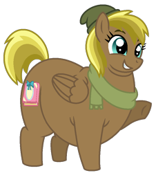 Size: 756x835 | Tagged: safe, artist:starryoak, imported from derpibooru, oc, oc only, oc:darling do, pegasus, pony, 2017, au:miracleverse, beanie, blonde mane, blonde tail, brown coat, clothes, double chin, fat, grin, hat, parent:daring do, parent:quibble pants, pegasus oc, raised hoof, scarf, simple background, smiling, solo, story in the source, tail, teal eyes, transparent background, underhoof, wings