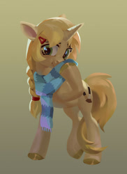 Size: 1280x1757 | Tagged: safe, artist:varwing, imported from derpibooru, oc, oc only, oc:tora, pony, clothes, female, gradient background, mare, scarf, solo