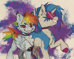 Size: 2048x1650 | Tagged: safe, artist:shyhandart, imported from derpibooru, dj pon-3, rainbow dash, vinyl scratch, pony, alternate design, piercing, raised hoof, tongue piercing