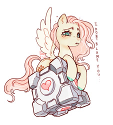 Size: 1212x1340 | Tagged: safe, artist:rottenisles, imported from derpibooru, fluttershy, pegasus, pony, companion cube, female, mare, portal (valve), simple background, solo, white background