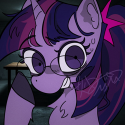 Size: 1080x1080 | Tagged: safe, artist:miaojiem, imported from derpibooru, twilight sparkle, alicorn, pony, unicorn, bust, female, glasses, gritted teeth, horn, looking at you, mare, portrait, solo, sweat, teeth