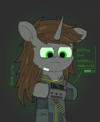 Size: 2480x3008 | Tagged: safe, artist:nar_kotik, imported from derpibooru, oc, oc:littlepip, unicorn, fallout equestria, bandage, clothes, cyrillic, fallout, horn, pipbuck, solo