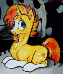 Size: 3049x3527 | Tagged: safe, artist:unpleazantgradient, derpibooru exclusive, imported from derpibooru, sunburst, pony, unicorn, blaze (coat marking), coat markings, colored, colored pencil drawing, craft, cute, facial markings, horn, male, my little pony, paper child, papercraft, pencil drawing, socks (coat markings), solo, stallion, sunbetes, traditional art