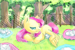 Size: 3000x2000 | Tagged: safe, artist:colorspaint15, imported from derpibooru, fluttershy, pegasus, pony, rabbit, animal, digital art, forest, grass, nature, sleepy, tree, wings