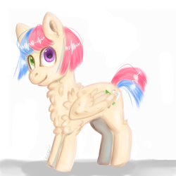 Size: 4000x4000 | Tagged: safe, artist:colorspaint15, imported from derpibooru, oc, pegasus, chest fluff, cream coat, digital art, green eye, heterochromia, pink and blue mane, purple eye, short mane, short tail, simple background, smiling, tail, two toned mane, white background