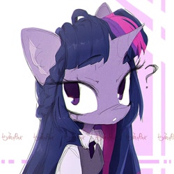 Size: 1280x1280 | Tagged: safe, artist:colorspaint15, imported from derpibooru, twilight sparkle, anthro, unicorn, abstract background, clothes, digital art, halfbody, horn, looking back, pink background, questioning, simple background