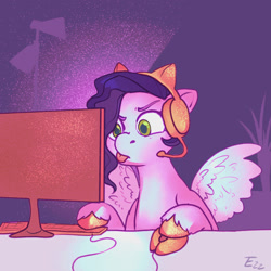 Size: 1415x1415 | Tagged: safe, artist:zihette, imported from derpibooru, pipp petals, pegasus, pony, computer mouse, female, g5, gamer pipp, headset, keyboard, mare, monitor, screen, solo, tongue out