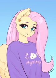 Size: 2479x3431 | Tagged: safe, artist:katputze, imported from derpibooru, fluttershy, anthro, pegasus, cheek fluff, clothes, ear piercing, gradient background, piercing, solo