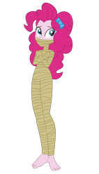 Size: 1416x2500 | Tagged: safe, artist:nie-martw-sie-o-mnie, imported from derpibooru, pinkie pie, human, equestria girls, barefoot, bondage, bound and gagged, bow, cloth gag, crossed arms, damsel in distress, feet, gag, hair bow, mummification, mummified, simple background, solo, standing, transparent background