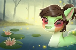 Size: 2000x1333 | Tagged: safe, artist:somestupidfrog, imported from derpibooru, frog, female, lake, lilypad, mare, solo, swimming, water