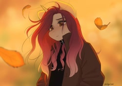 Size: 1000x707 | Tagged: safe, artist:katputze, imported from derpibooru, oc, oc only, oc:crimson sunset, anthro, unicorn, autumn, clothes, female, horn, jacket, leaf, mare, orange background, simple background, solo