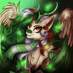 Size: 1080x1080 | Tagged: safe, artist:fraise, imported from derpibooru, deer, deer pony, hybrid, original species, pony, bust, clothes, detailed, horns, portrait, scarf, solo