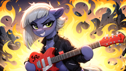 Size: 5448x3072 | Tagged: safe, imported from twibooru, limestone pie, earth pony, pony, ai generated, clothes, collar, ear fluff, electric guitar, eyebrows, eyeshadow, fangs, female, fire, fluffy, generator:stable diffusion, generator:zoinksnoob, goth, grin, guitar, image, jacket, looking at you, makeup, mare, musical instrument, open mouth, png, ponyville, prompter:thedaren666, rock, rock farm, smiling, smirk, smirking at you, solo, teeth