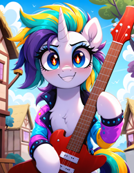 Size: 5376x6912 | Tagged: safe, imported from twibooru, rarity, pony, unicorn, ai generated, alternate hairstyle, clothes, cloud, ear fluff, electric guitar, eyebrows, eyeshadow, female, fire, flame eyes, fluffy, generator:stable diffusion, generator:zoinksnoob, grin, guitar, horn, image, jacket, looking at you, makeup, mare, musical instrument, open mouth, png, ponyville, prompter:thedaren666, punk, raripunk, sky, smiling, smiling at you, solo, teeth, wingding eyes