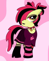 Size: 821x1024 | Tagged: safe, artist:doodlesinky, imported from derpibooru, apple bloom, earth pony, pony, abstract background, apple, boots, choker, clothes, ear piercing, emo, female, filly, foal, food, fully clothed, hair dye, lashes, lipstick, mascara, piercing, platform boots, sequel, shoes, signature, socks, solo, spiked choker, striped socks, teenager