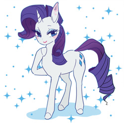 Size: 618x618 | Tagged: dead source, safe, artist:pasikon, imported from derpibooru, rarity, pony, unicorn, blue eyeshadow, blush sticker, blushing, closed mouth, eyeshadow, female, full body, hooves, horn, lipstick, looking at you, makeup, mare, outline, raised hoof, red lipstick, shadow, smiling, smiling at you, solo, sparkles, sparkly background, standing, three quarter view