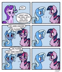 Size: 2500x2878 | Tagged: safe, artist:simpledoggo, imported from derpibooru, starlight glimmer, trixie, twilight sparkle, alicorn, pony, unicorn, ..., blushing, chest fluff, comic, female, grin, gritted teeth, horn, implied sex, lesbian, male, mare, open mouth, shipping, smiling, speech bubble, sweat, sweatdrop, teeth, trio, trio female, twilight sparkle (alicorn), twixie, vulgar