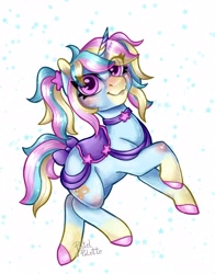 Size: 2526x3219 | Tagged: safe, artist:pastelpalette, imported from derpibooru, oc, oc only, oc:pastel palette, unicorn, big eyes, blue coat, cute, horn, pigtails, pink hooves, ponysona, saddle, smiling, tack