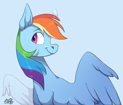 Size: 1083x923 | Tagged: safe, artist:truust5117, imported from derpibooru, rainbow dash, pegasus, pony, blue background, female, mare, simple background, smiling, solo, wings